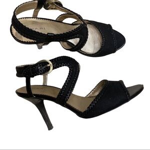 Tahari “Lima” Black Linen Braided Detail Strappy Heeled Sandals Sz 9.5